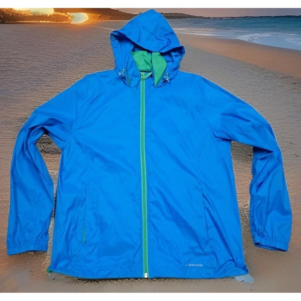 Lands' End Windbreaker Jacket Kids Large 14/16 Blue Excellent Hooded Full Zip